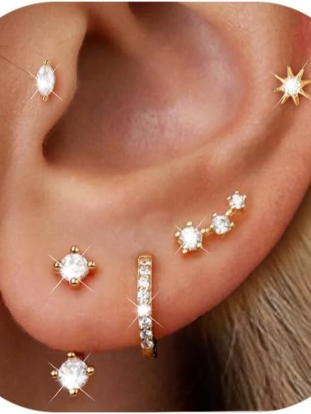 6 Pairs 14K Gold Plated Stud Earrings for Women, Hypoallergenic Cartilage Earrin